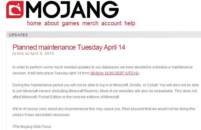 4月14日mojang服务器将进行维护